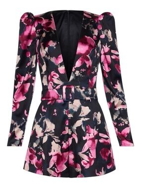 Ramy Brook Black Floral Plunge Romper with Pink Accents